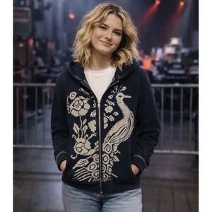 Vintage Lucky Brand Hoodie Women's M Faded Navy Full Zip Peacock Cross Stitch